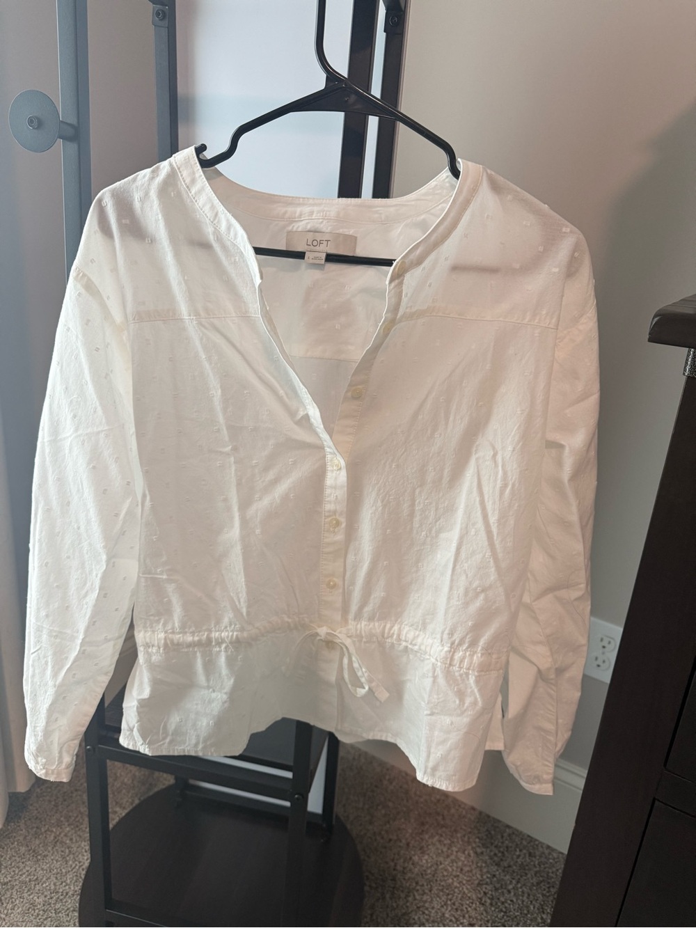 LOFT White Eyelet Button-Front Drawstring Top